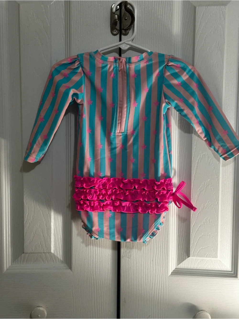Ruffle Butts Teal & Pink Striped Star Long Sleeve Swimsuit with Ruffles